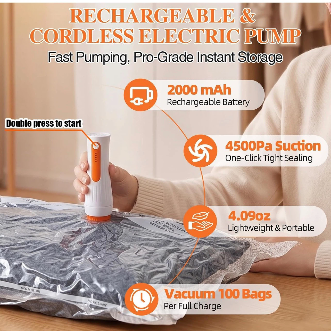 Rechargeable Cordless Electric Vacuum Pump & 15 Storage Bags - photo 2