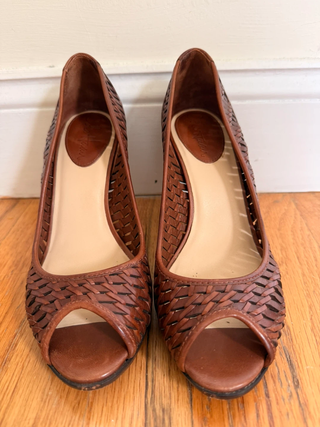 Cole Haan Woven Peep-Toe Heels - Brown Leather -Size 7.5B