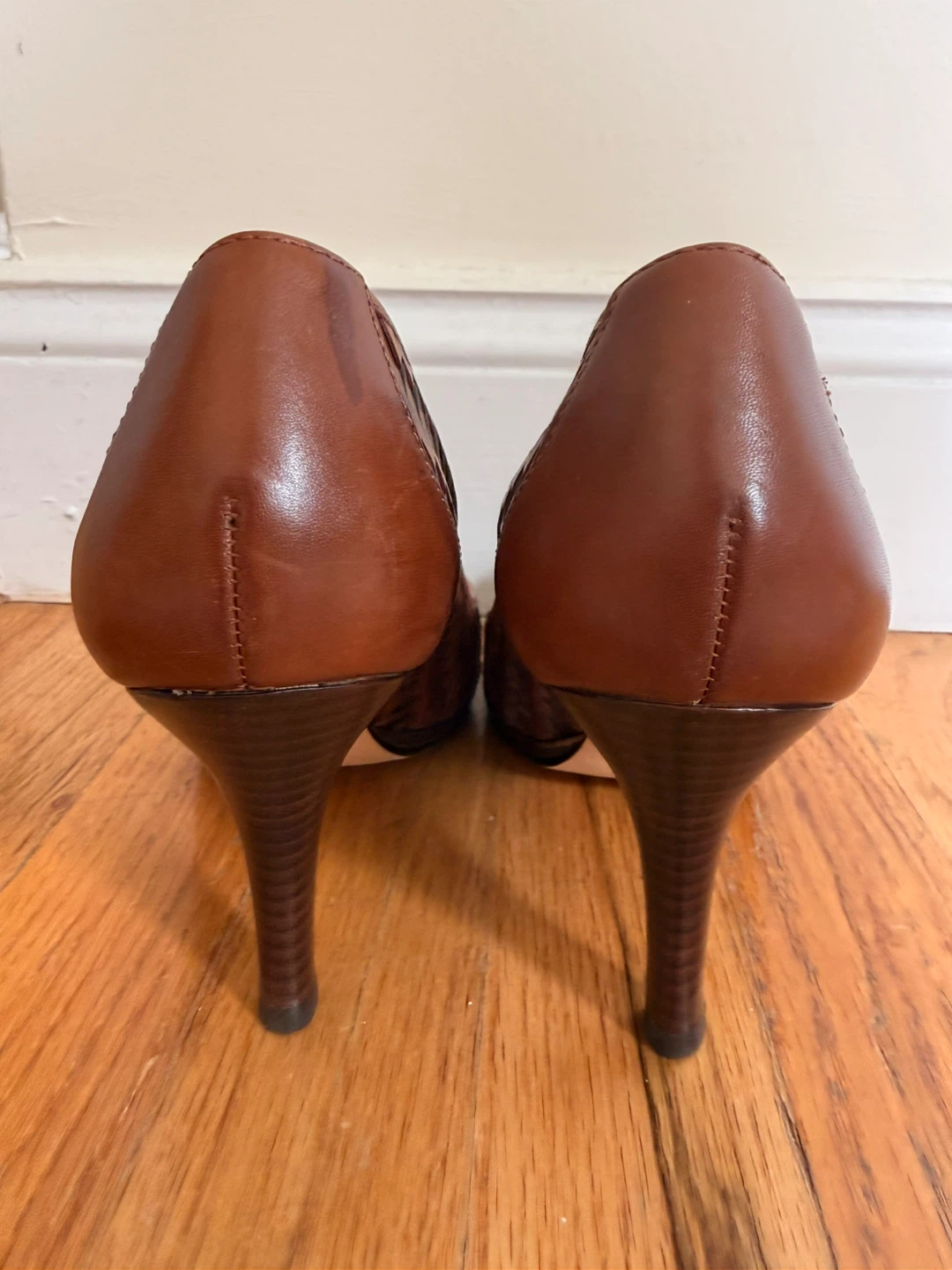 Cole Haan Woven Peep-Toe Heels - Brown Leather -Size 7.5B - photo 2