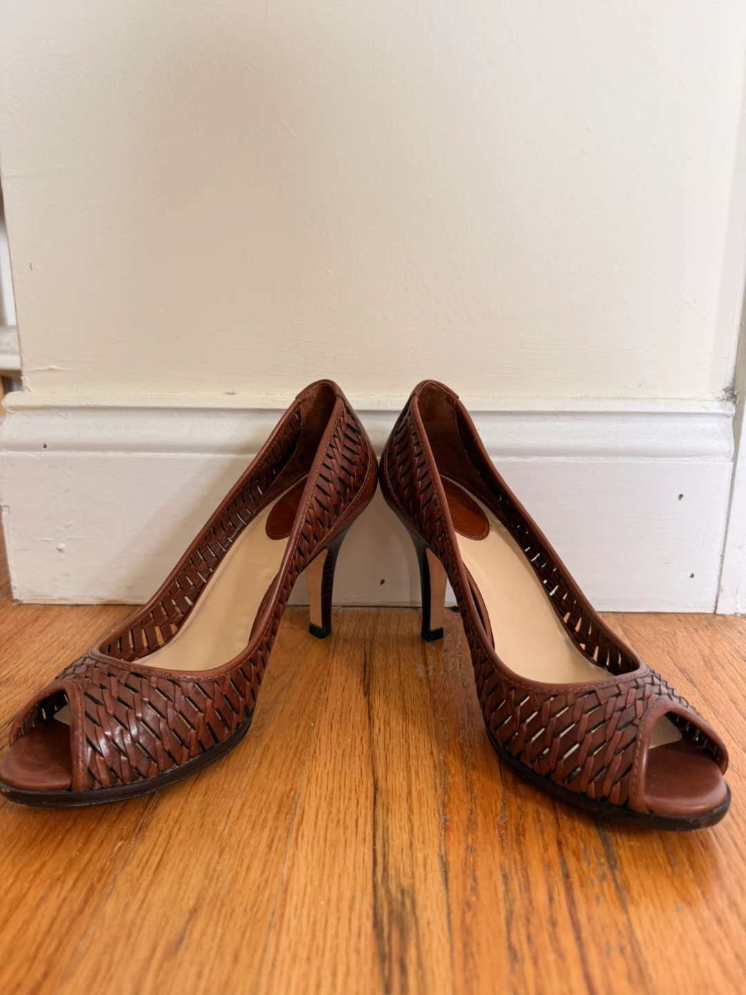 Cole Haan Woven Peep-Toe Heels - Brown Leather -Size 7.5B - photo 4
