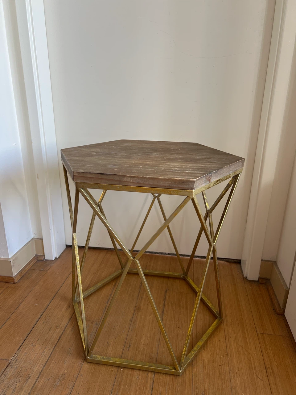 Hexagonal Wood Top Accent Table with Gold Geometric Base