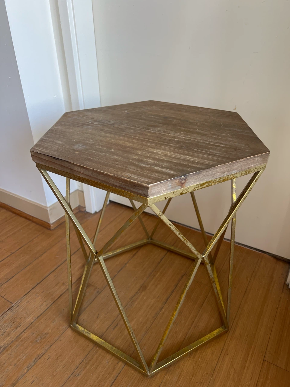 Hexagonal Wood Top Accent Table with Gold Geometric Base - photo 2