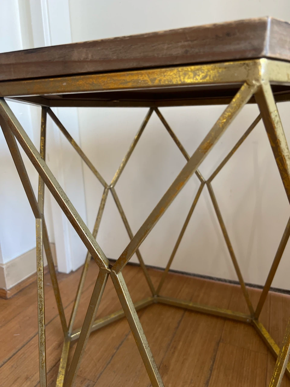 Hexagonal Wood Top Accent Table with Gold Geometric Base - photo 4