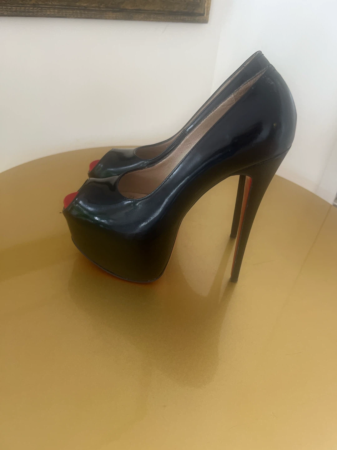 Black Patent Peep-Toe Heels