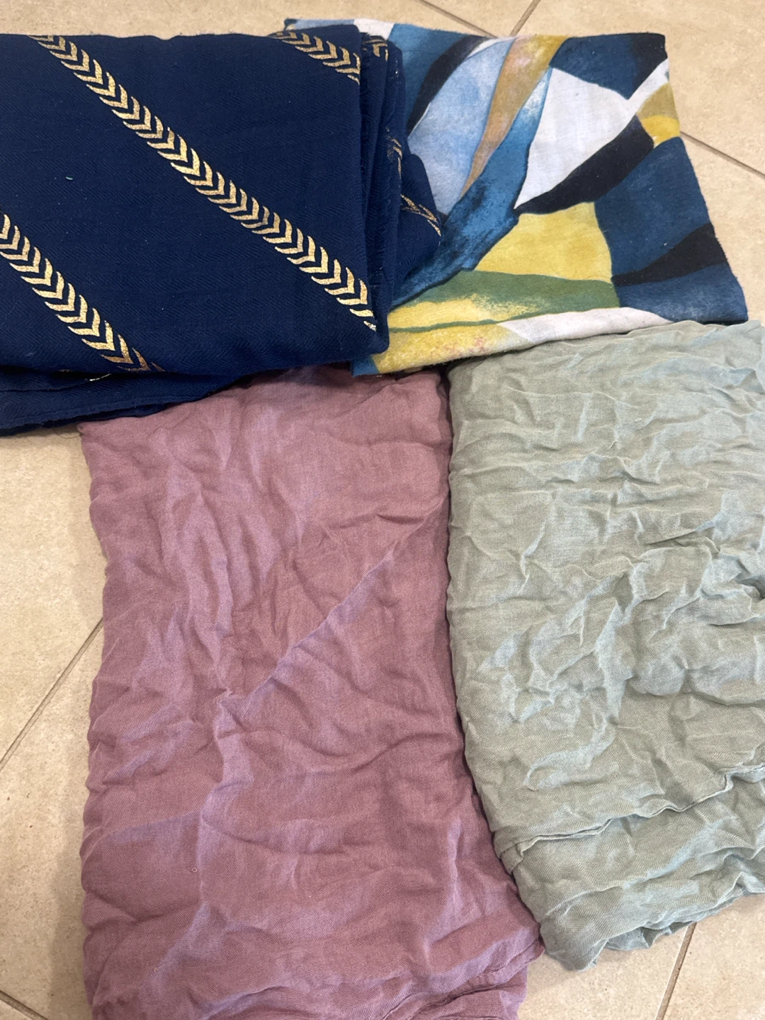 4 Scarves - Navy with Gold, Abstract Print, Pink, Sage Green
