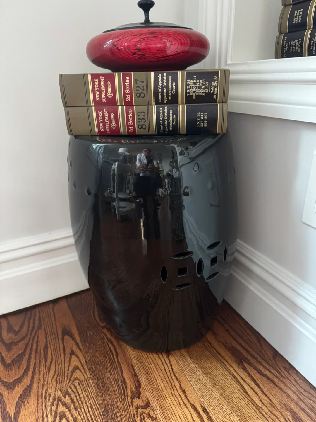 Black Garden Stool with decorative accents