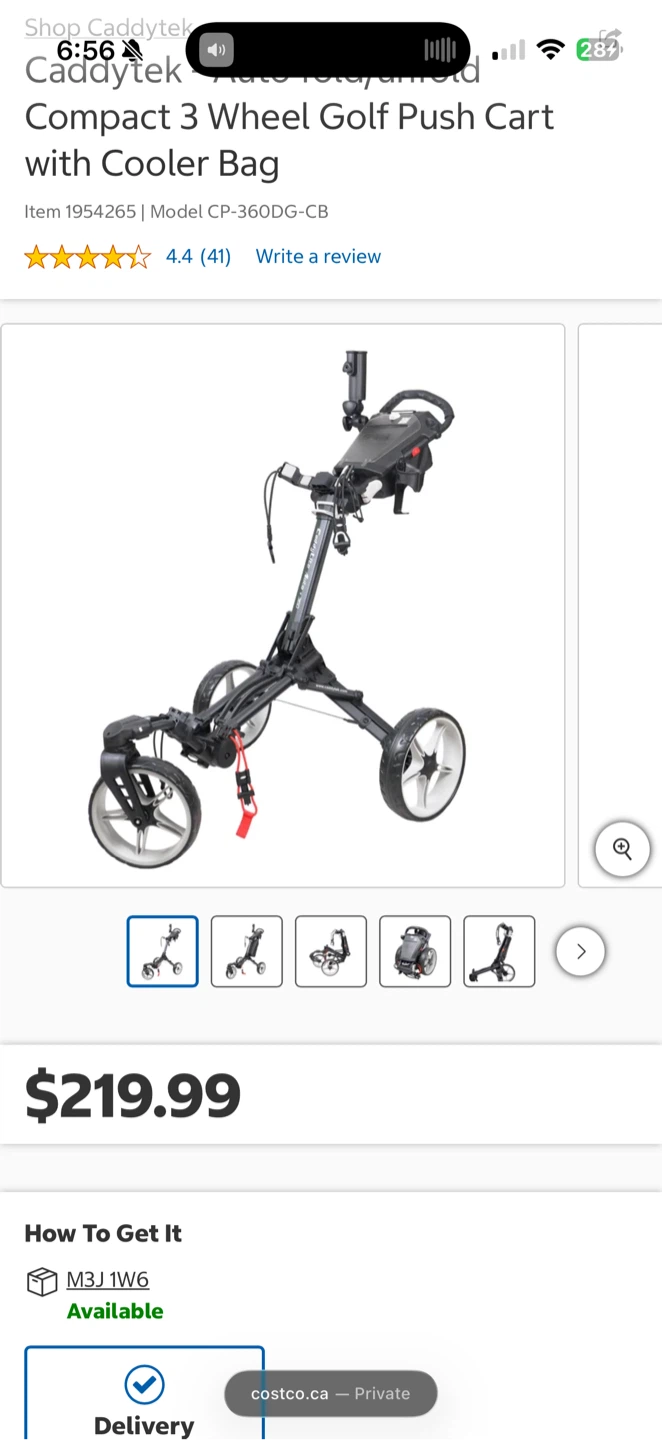 CaddyTek Compact 3 Wheel Golf Push Cart with Cooler Bag