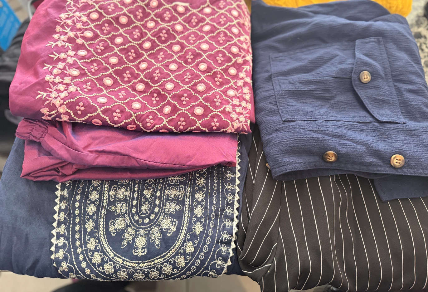 Embroidered Kurtis, shirt & Striped Pant (clearance sale)