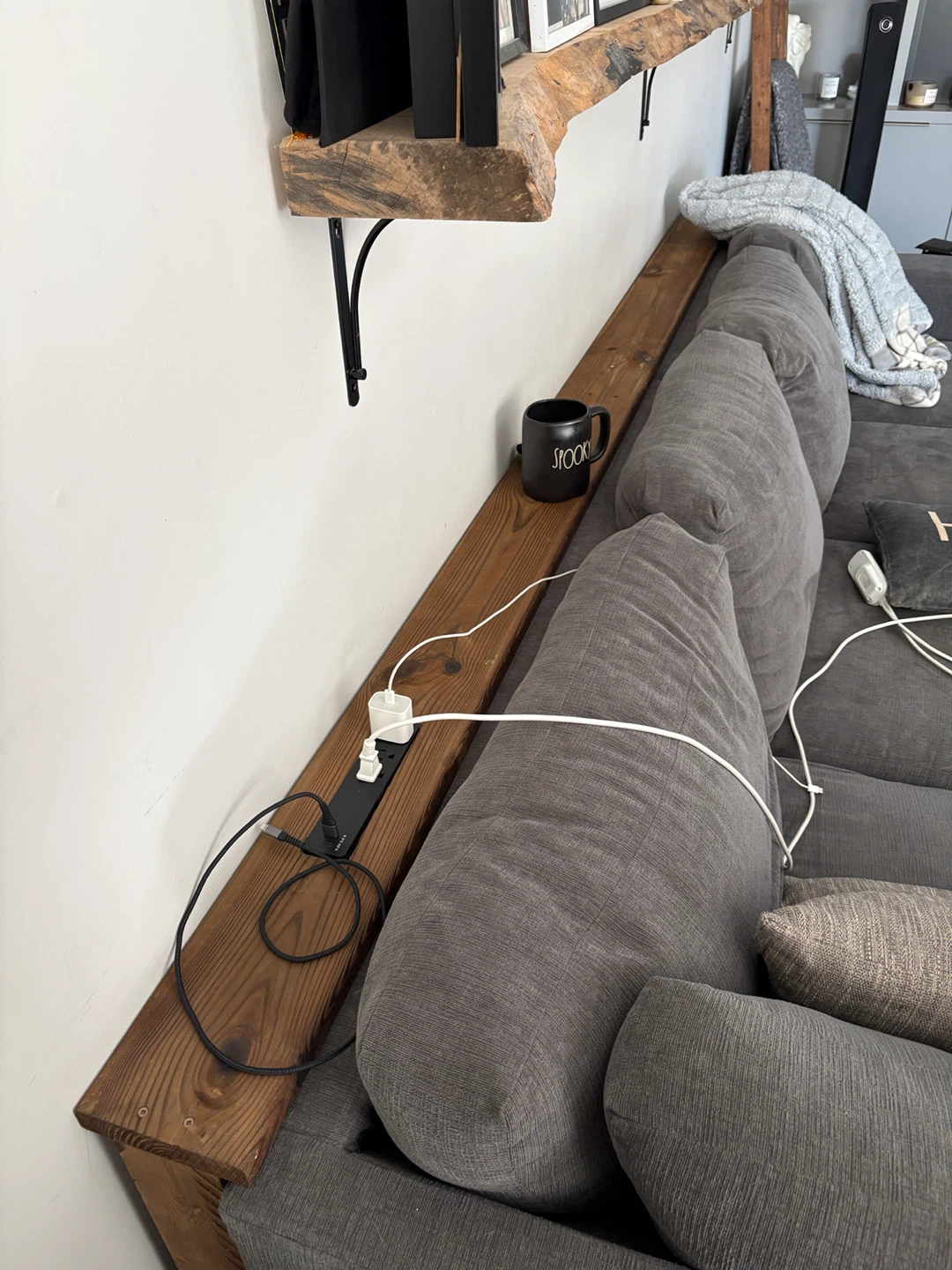 Homemade Wooden Sofa Table with Built-in Power Outlets