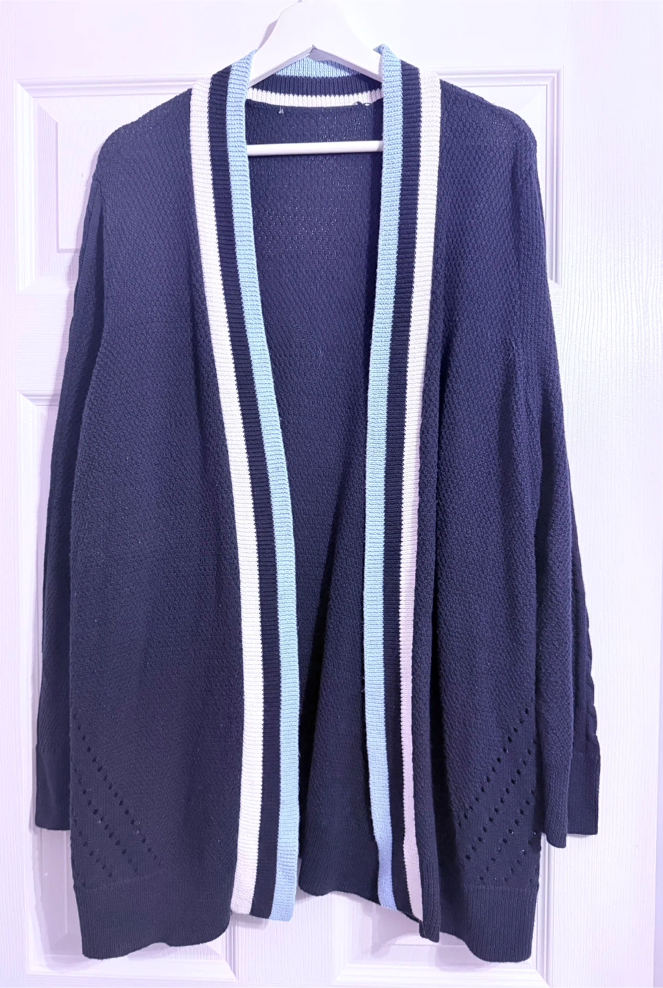 Navy Blue Cardigan with Stripe Detail