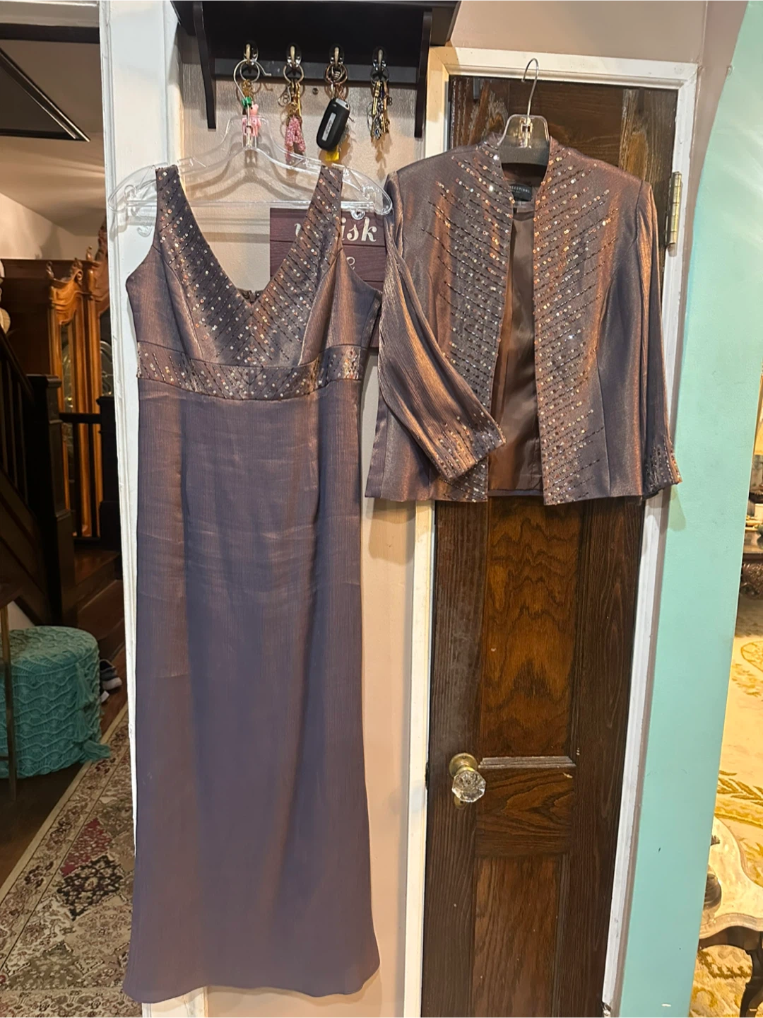 Beaded V-Neck Maxi Dress with Matching Jacket - Dusty Mauve