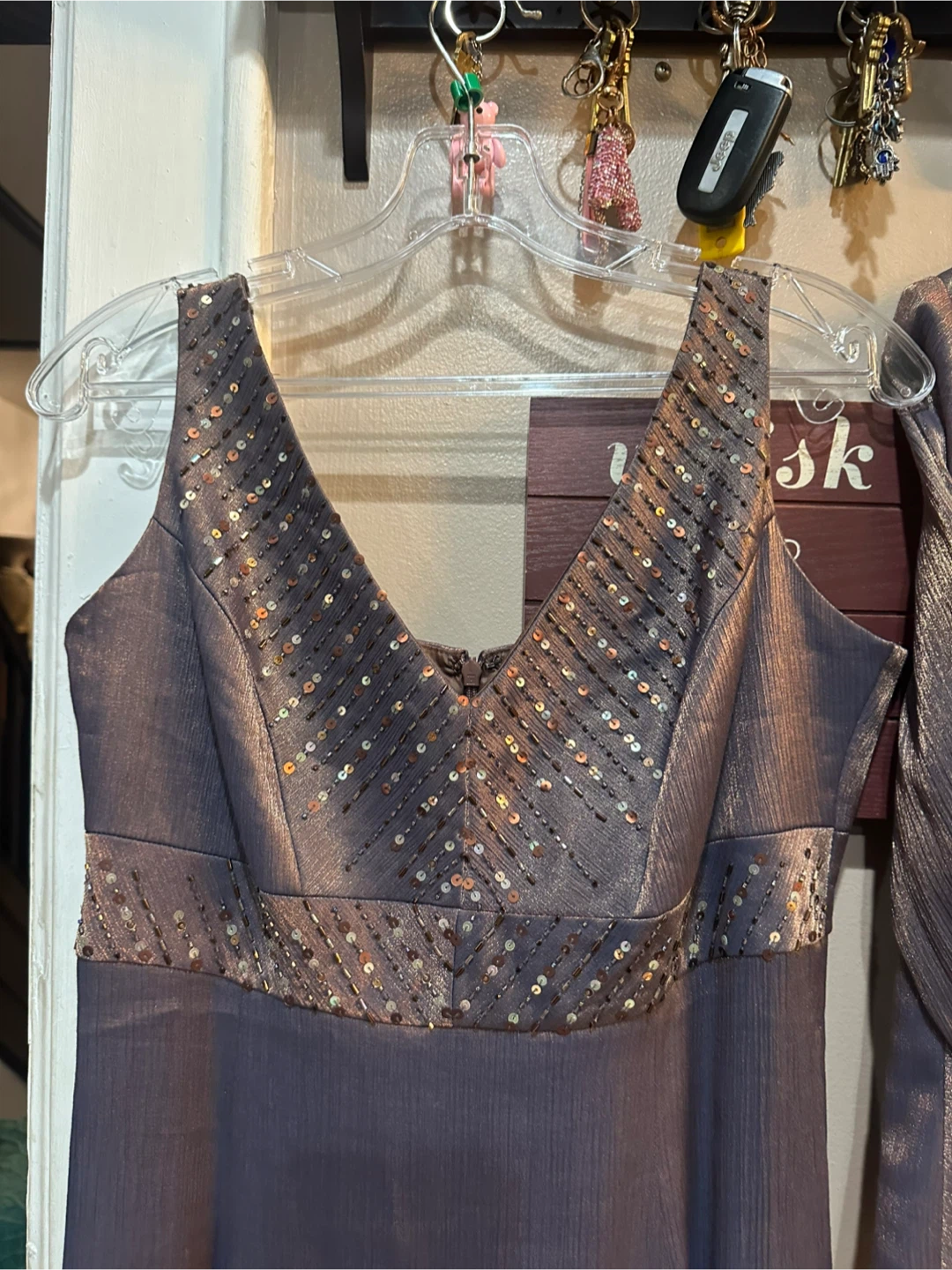 Beaded V-Neck Maxi Dress with Matching Jacket - Dusty Mauve - photo 2
