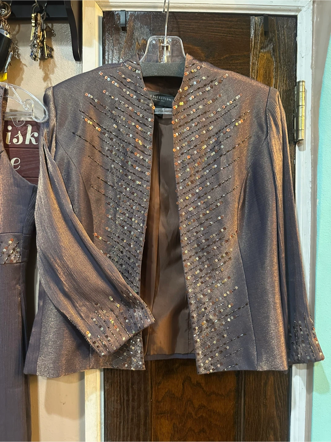 Beaded V-Neck Maxi Dress with Matching Jacket - Dusty Mauve - photo 3