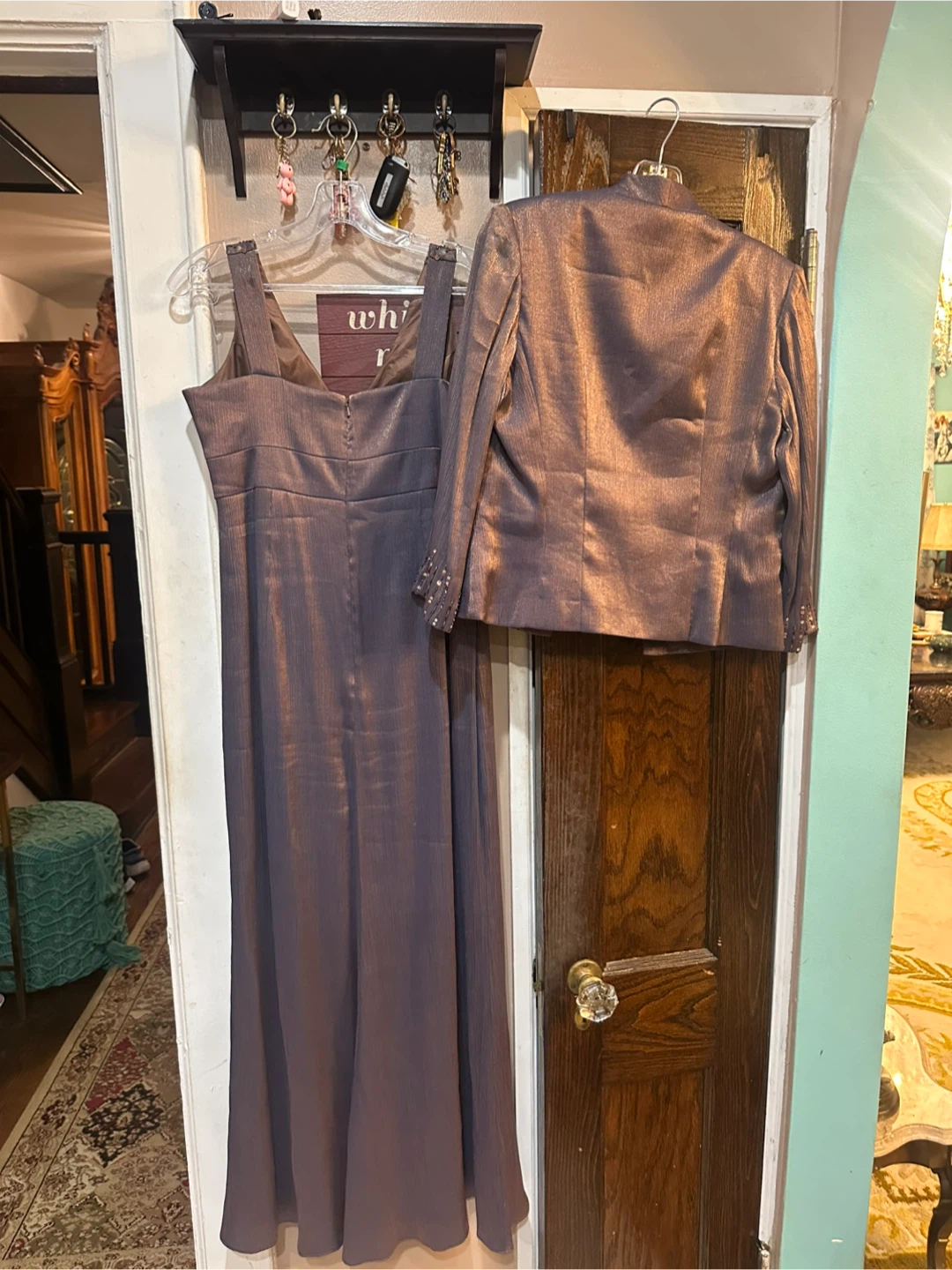 Beaded V-Neck Maxi Dress with Matching Jacket - Dusty Mauve - photo 5
