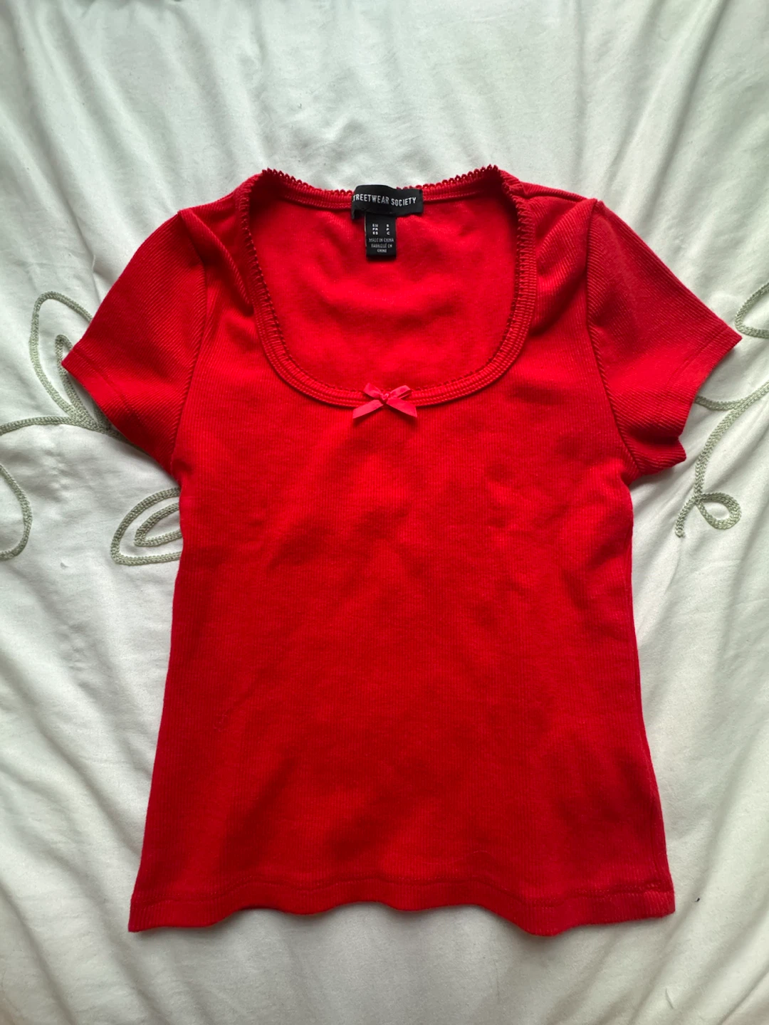 Streetwear Society Red Ribbed Top with Bow - Medium
