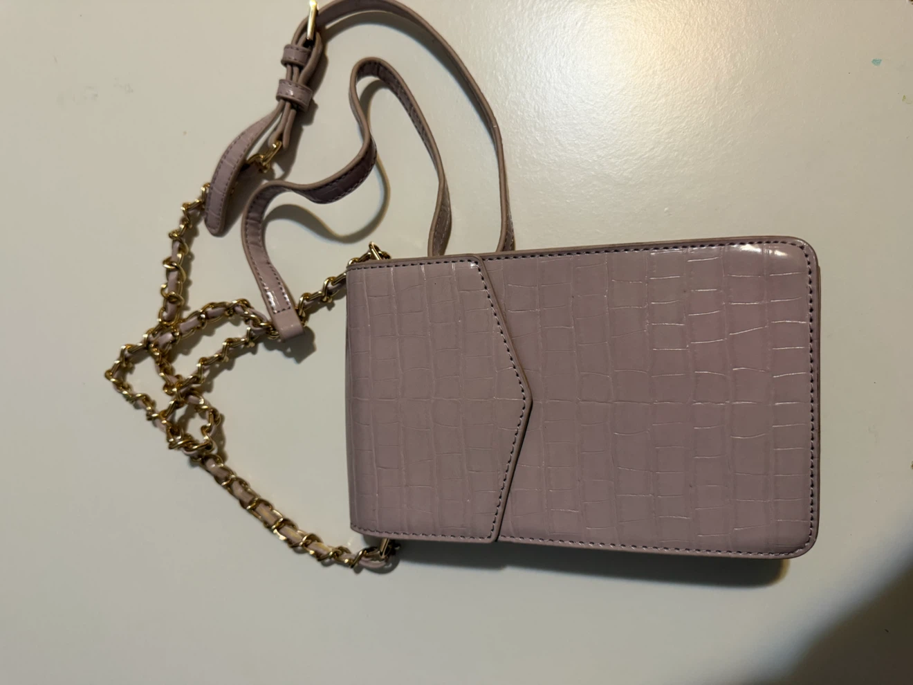 Pale Pink Croc-Embossed Phone Shoulder Bag