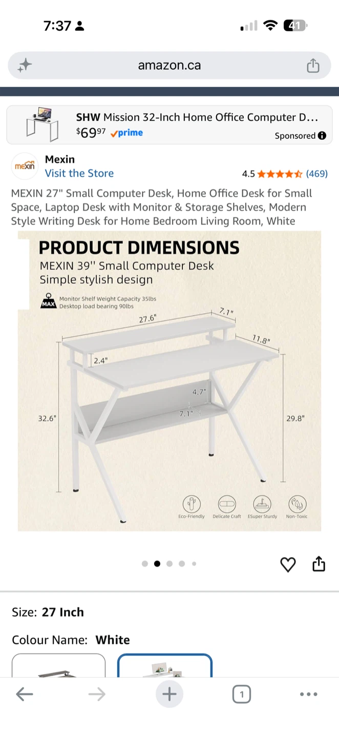 One month old MEXIN 27 Inch Small Computer Desk - White