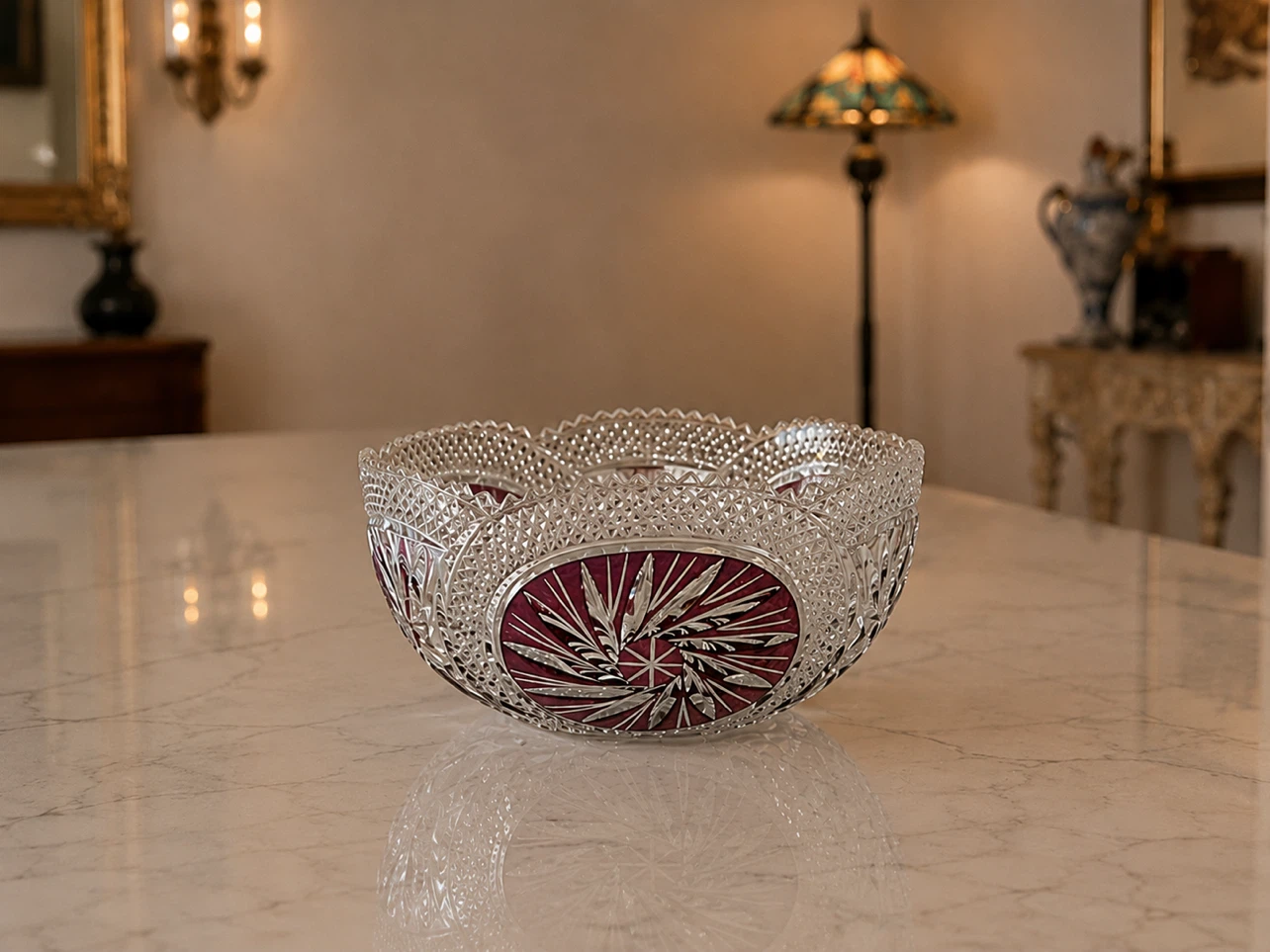 Crystal Glass Bowl with Red Inlay