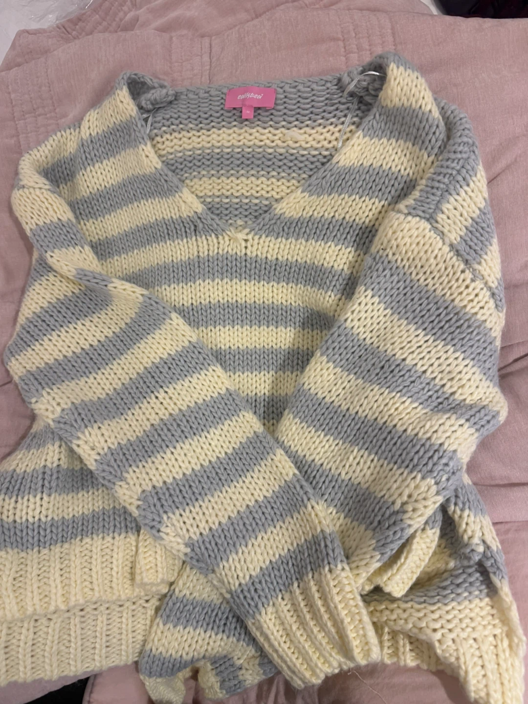 Edikted Oversized Striped Yellow & Grey Off Shoulder Sweater