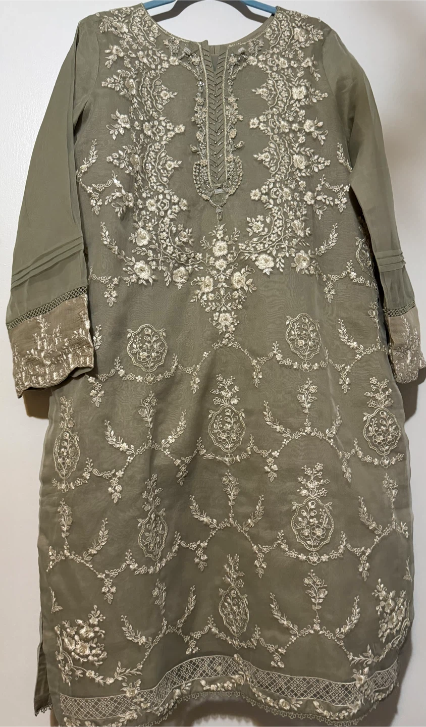 Embroidered Kurti and Pants Set - Olive Green