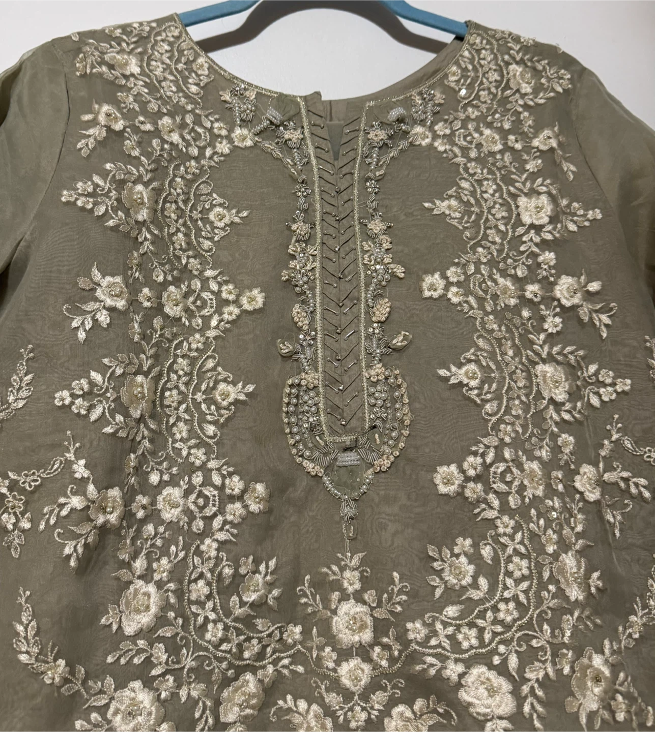 Embroidered Kurti and Pants Set - Olive Green - photo 4