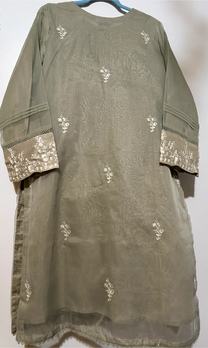 Embroidered Kurti and Pants Set - Olive Green - photo 5