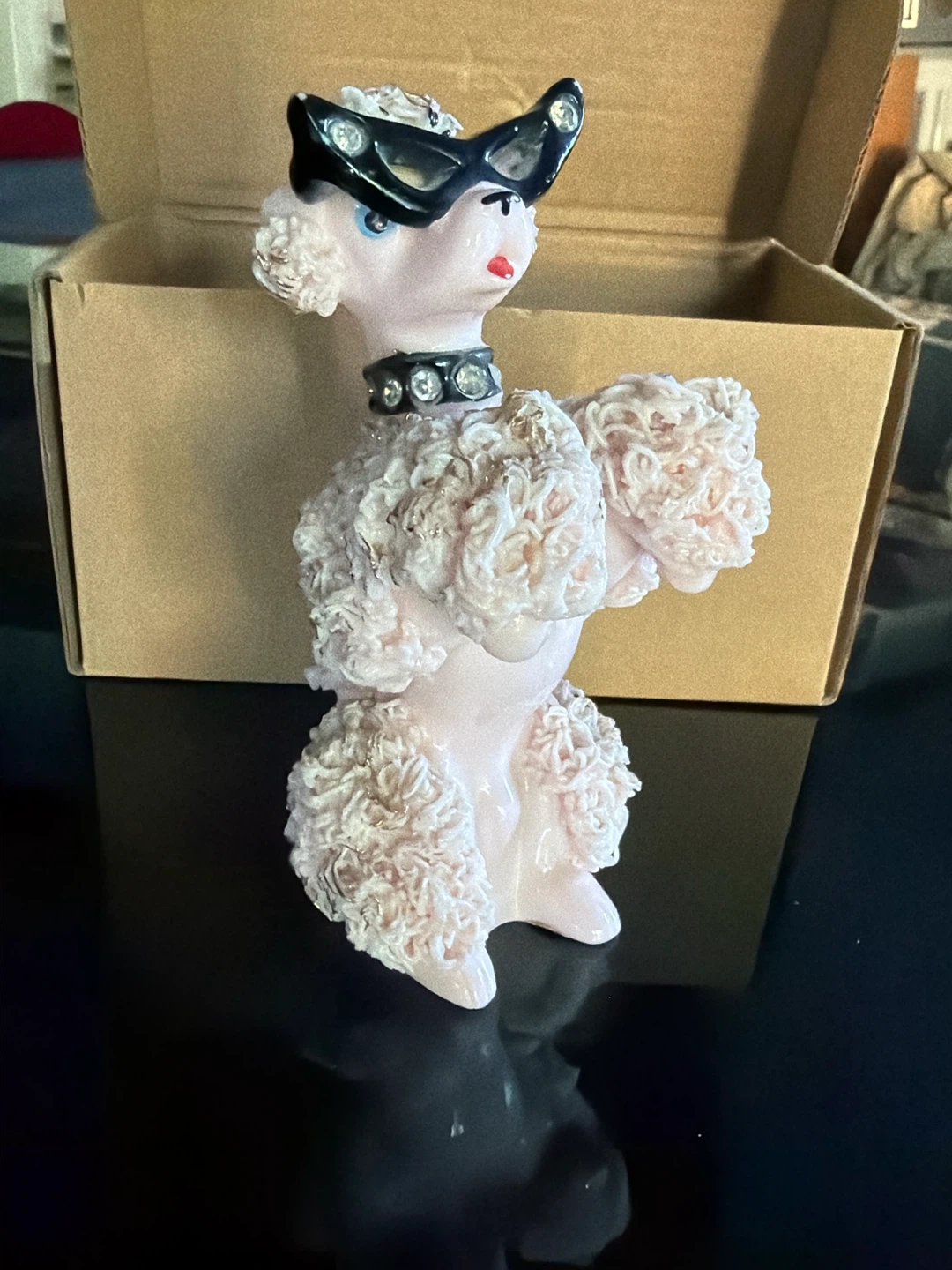 Pink Poodle Figurine/Black Cat-Eye Glasses