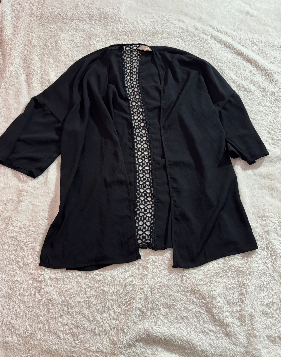 Black Open-Front Kimono Cardigan with Lace Detail