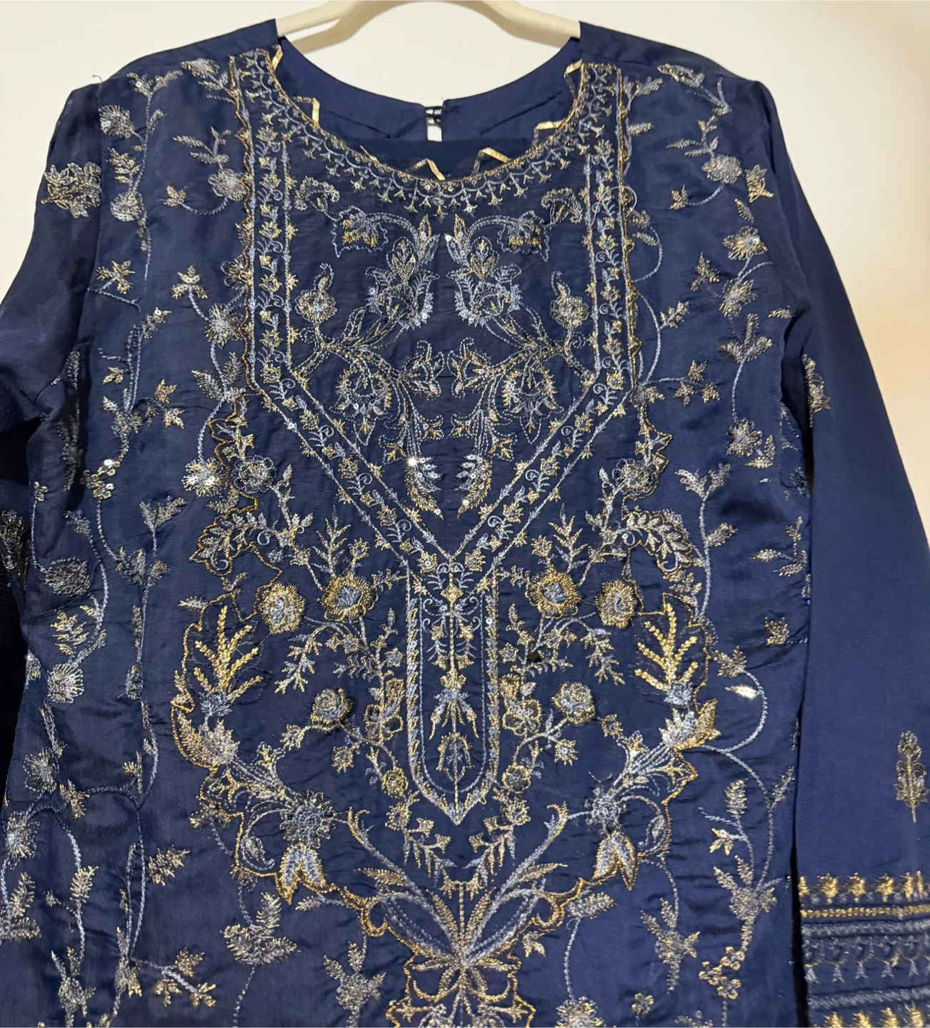Navy Blue Embroidered Kurti and Pants and dupatta Set