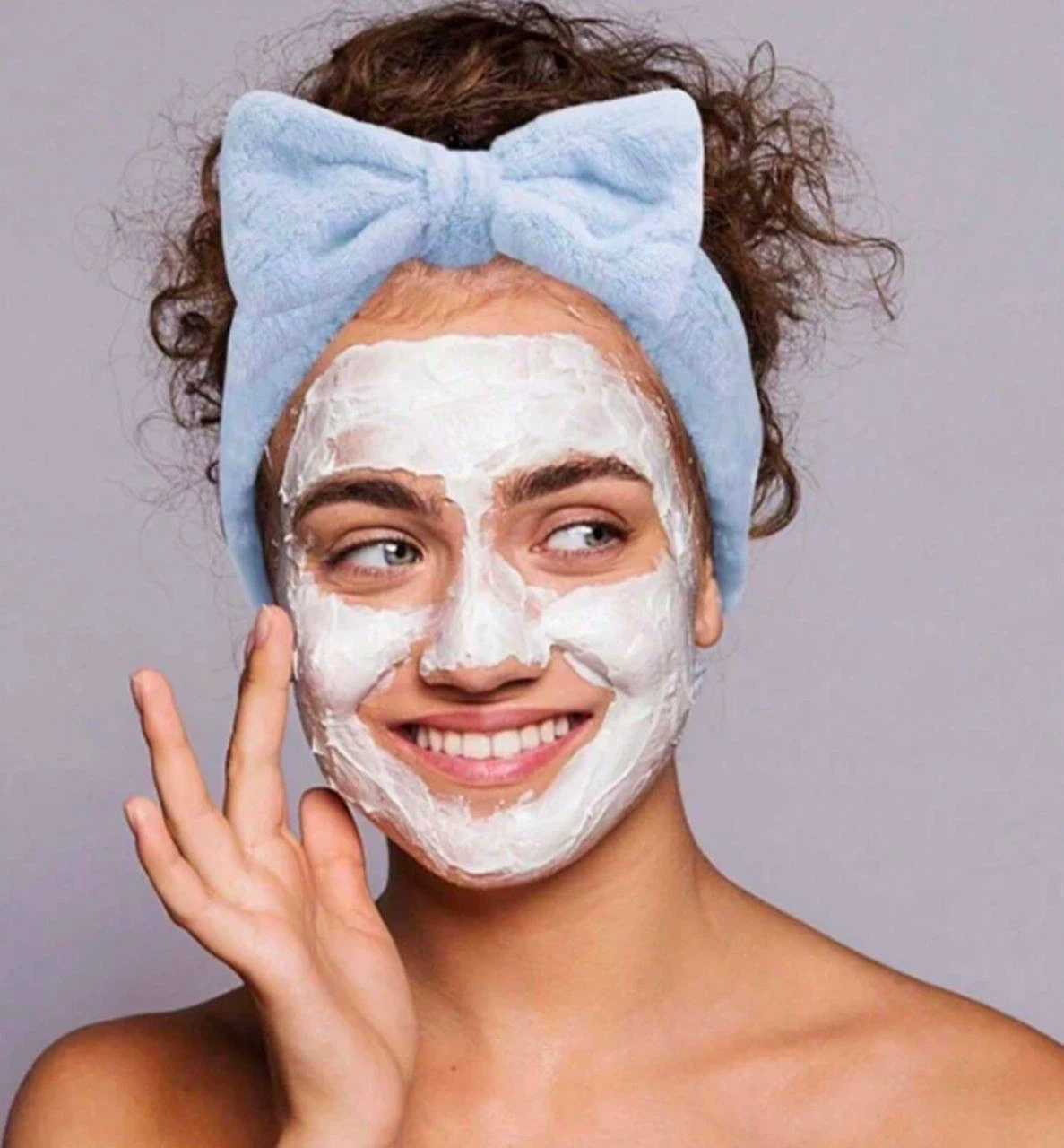 Bow bath headband and wristband set blue