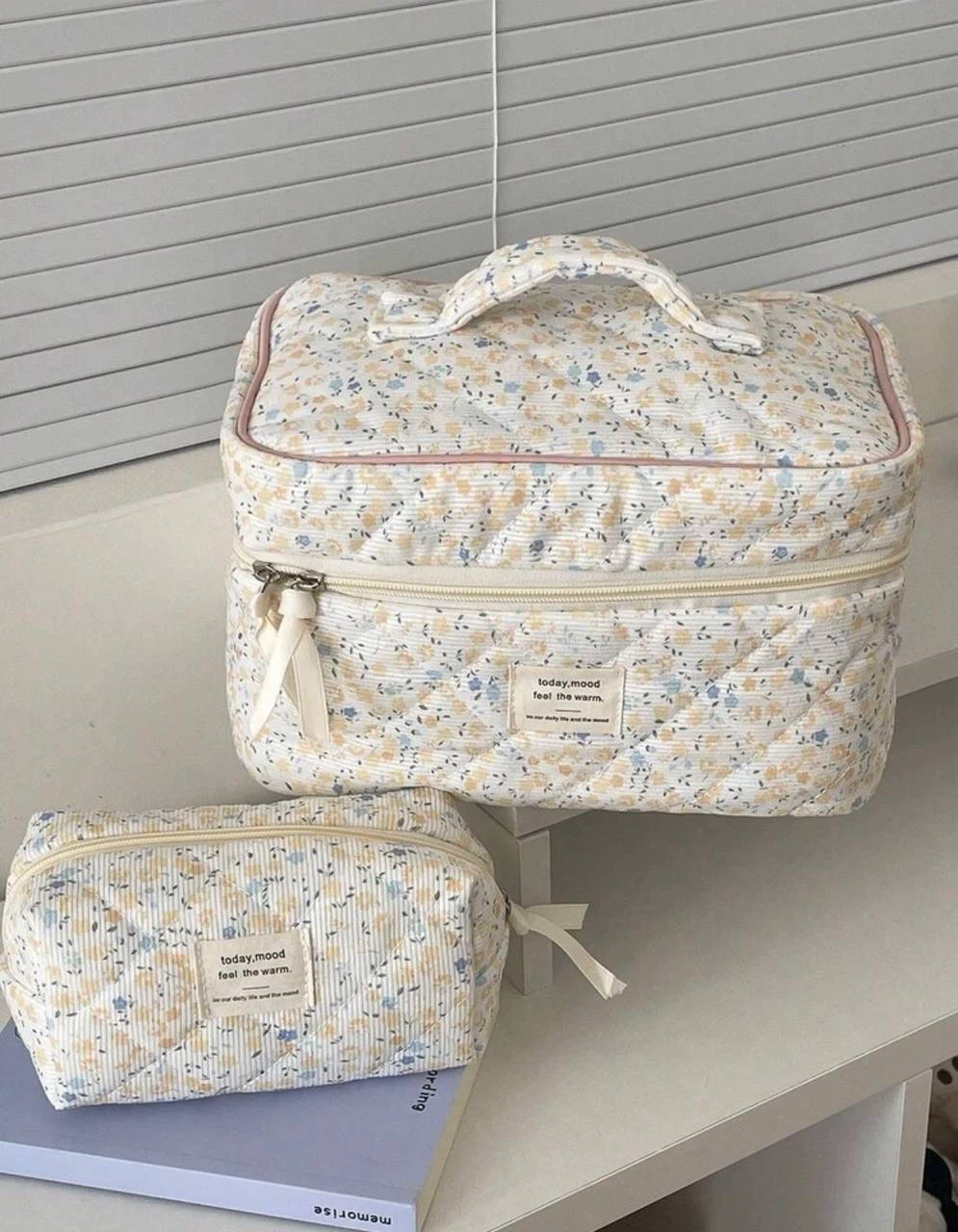 Floral Quilted Makeup Bag Set (Large + Small)