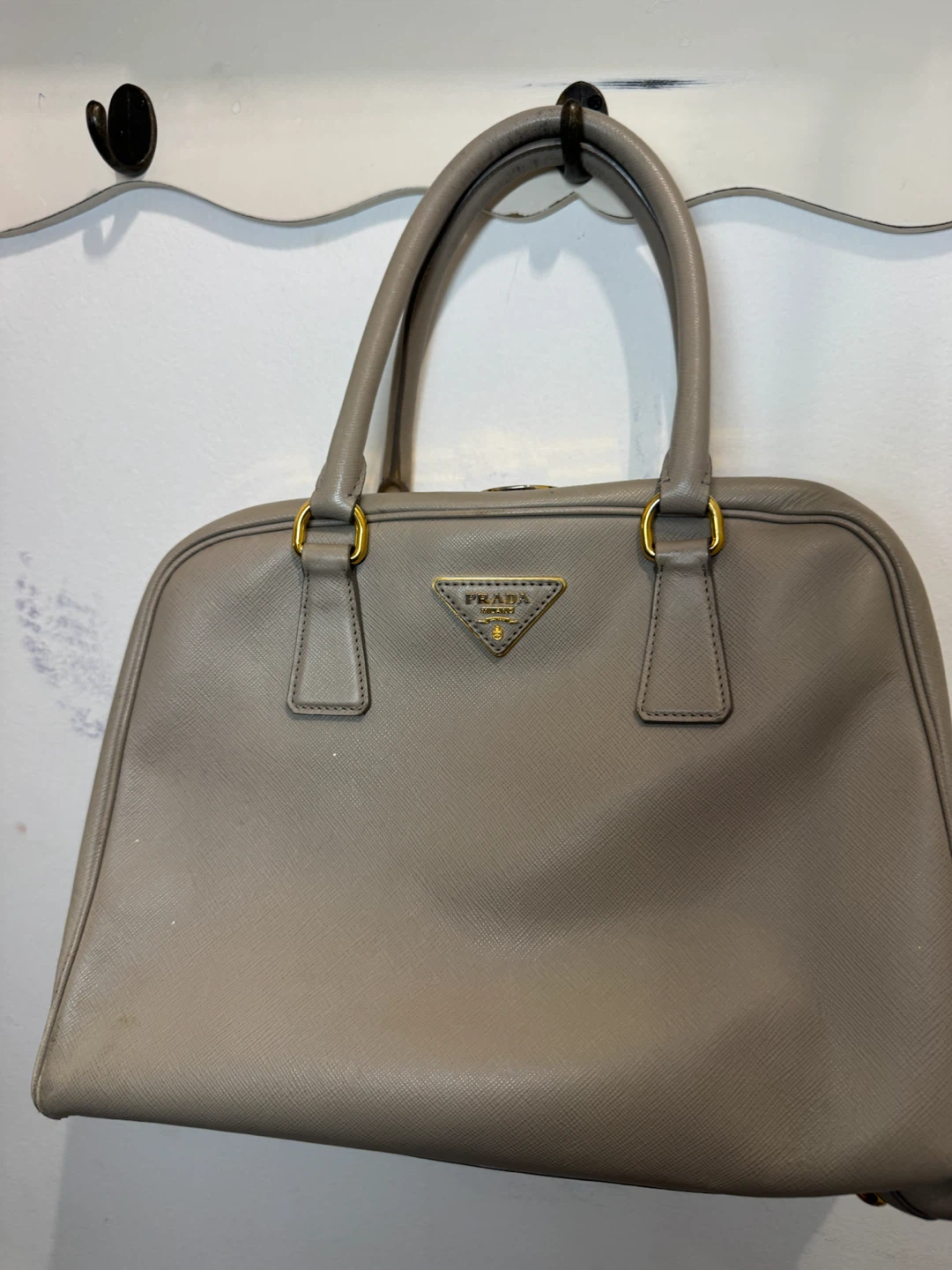 Prada Grey Leather Top Handle Bag
