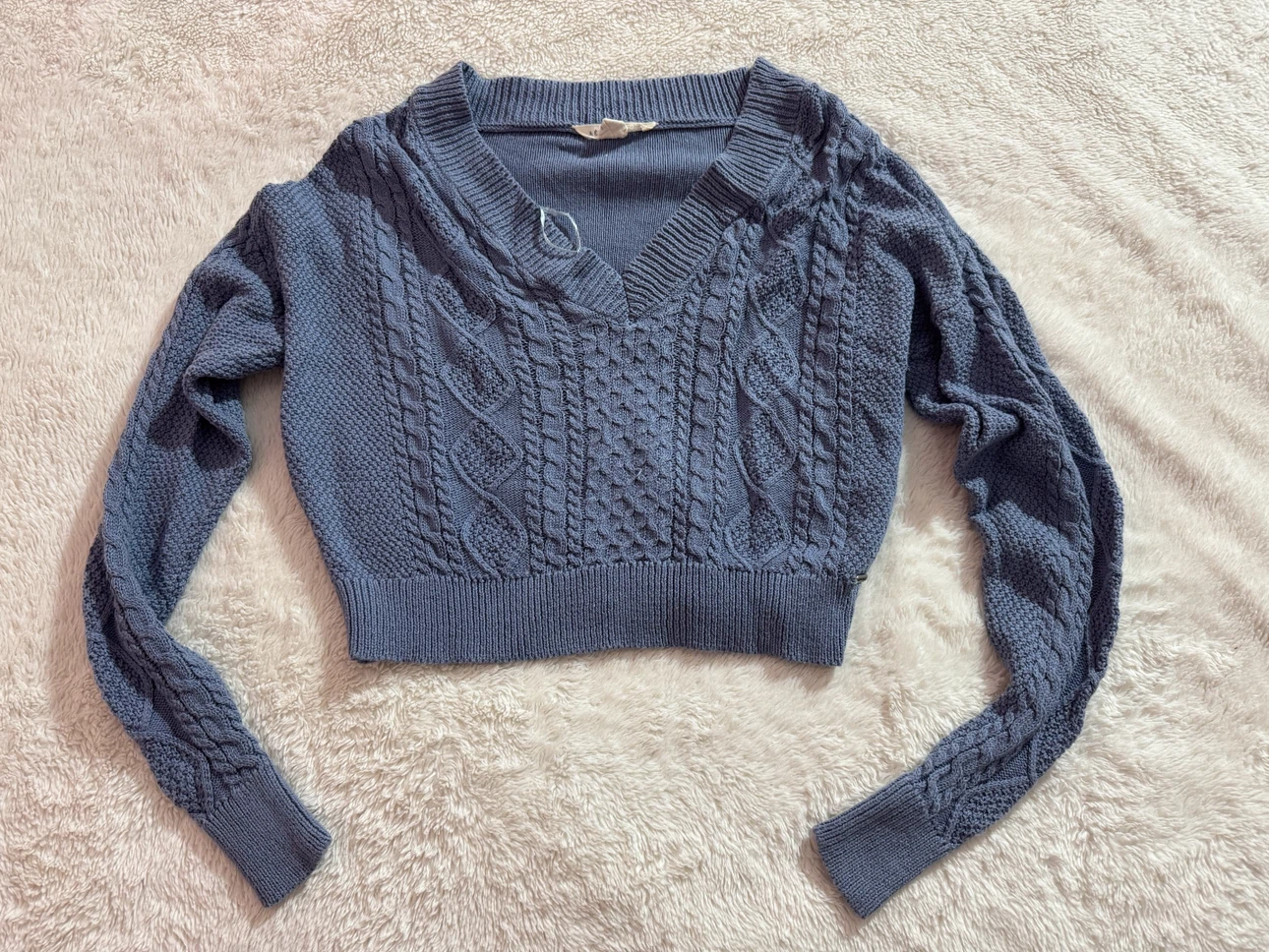 Blue Cable Knit Cropped V-Neck Sweater