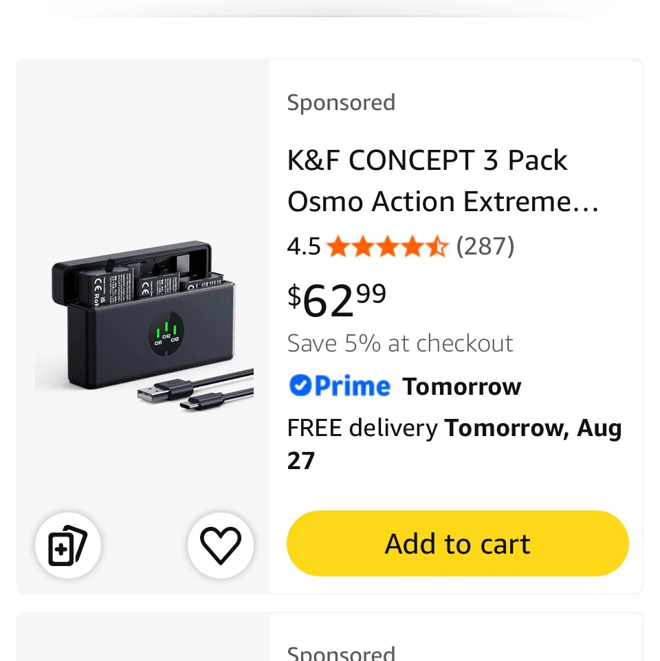 K&F CONCEPT 3 Pack Osmo Action Batteries & Charger