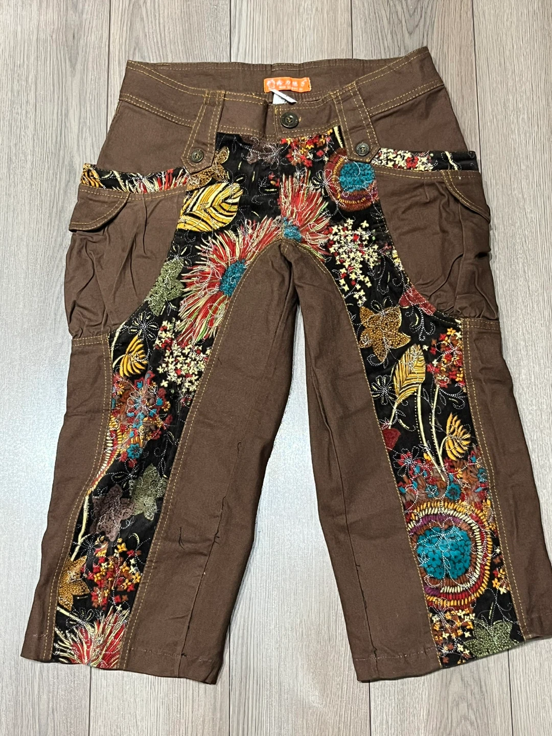 Brown Cargo Capris with Floral Embroidery
