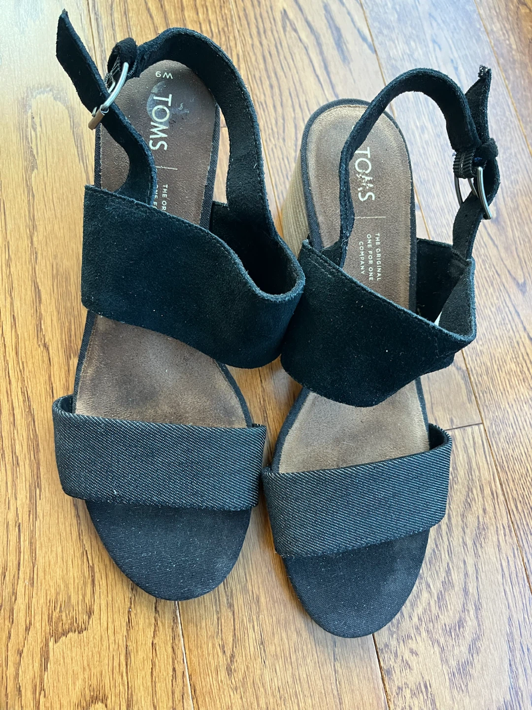 TOMS Black Suede and Denim Block Heel Sandals - Size 9