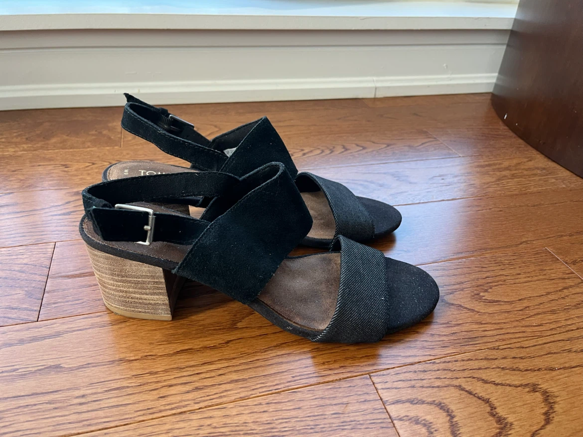 TOMS Black Suede and Denim Block Heel Sandals - Size 9 - photo 2