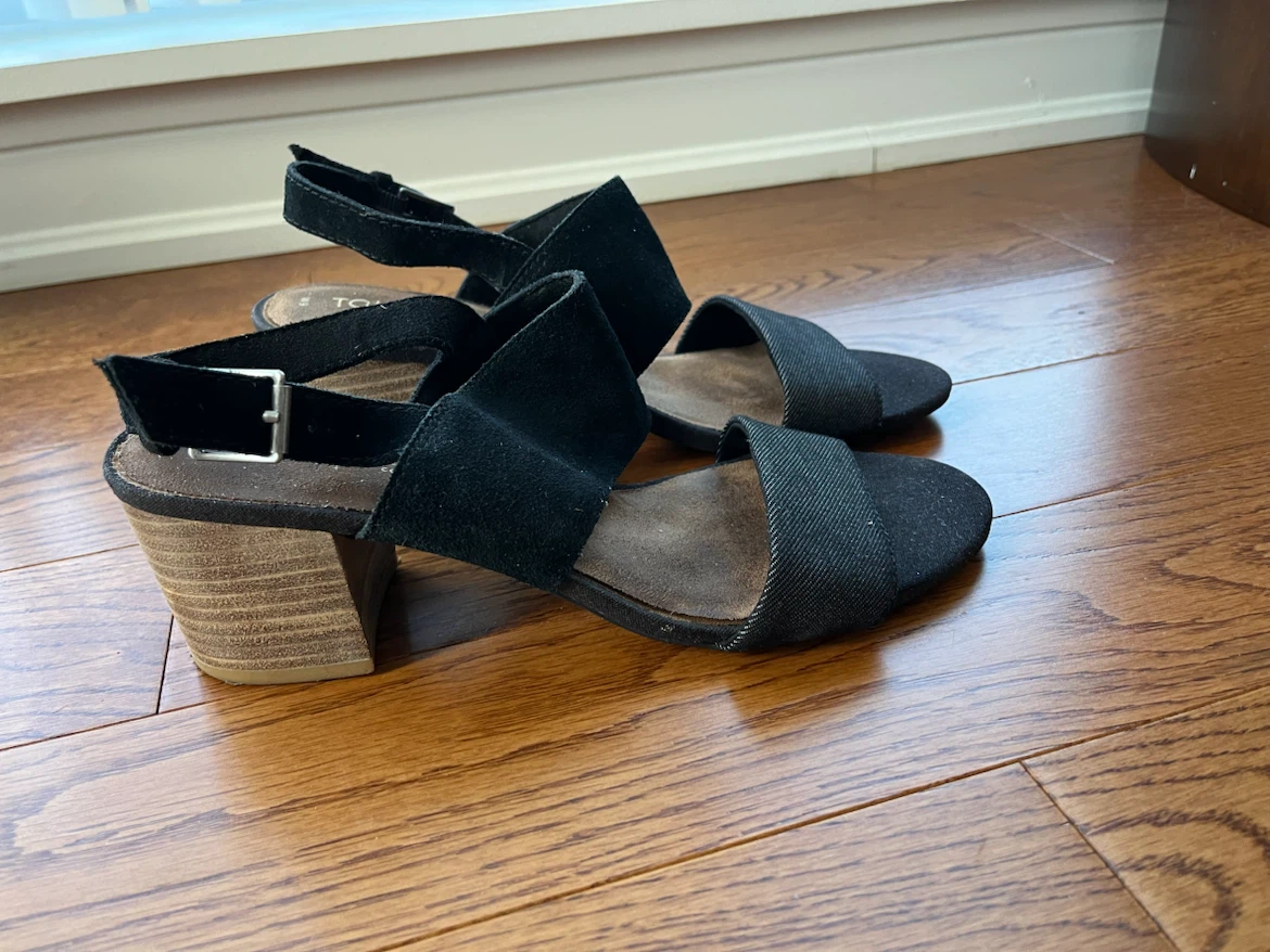 TOMS Black Suede and Denim Block Heel Sandals - Size 9 - photo 3