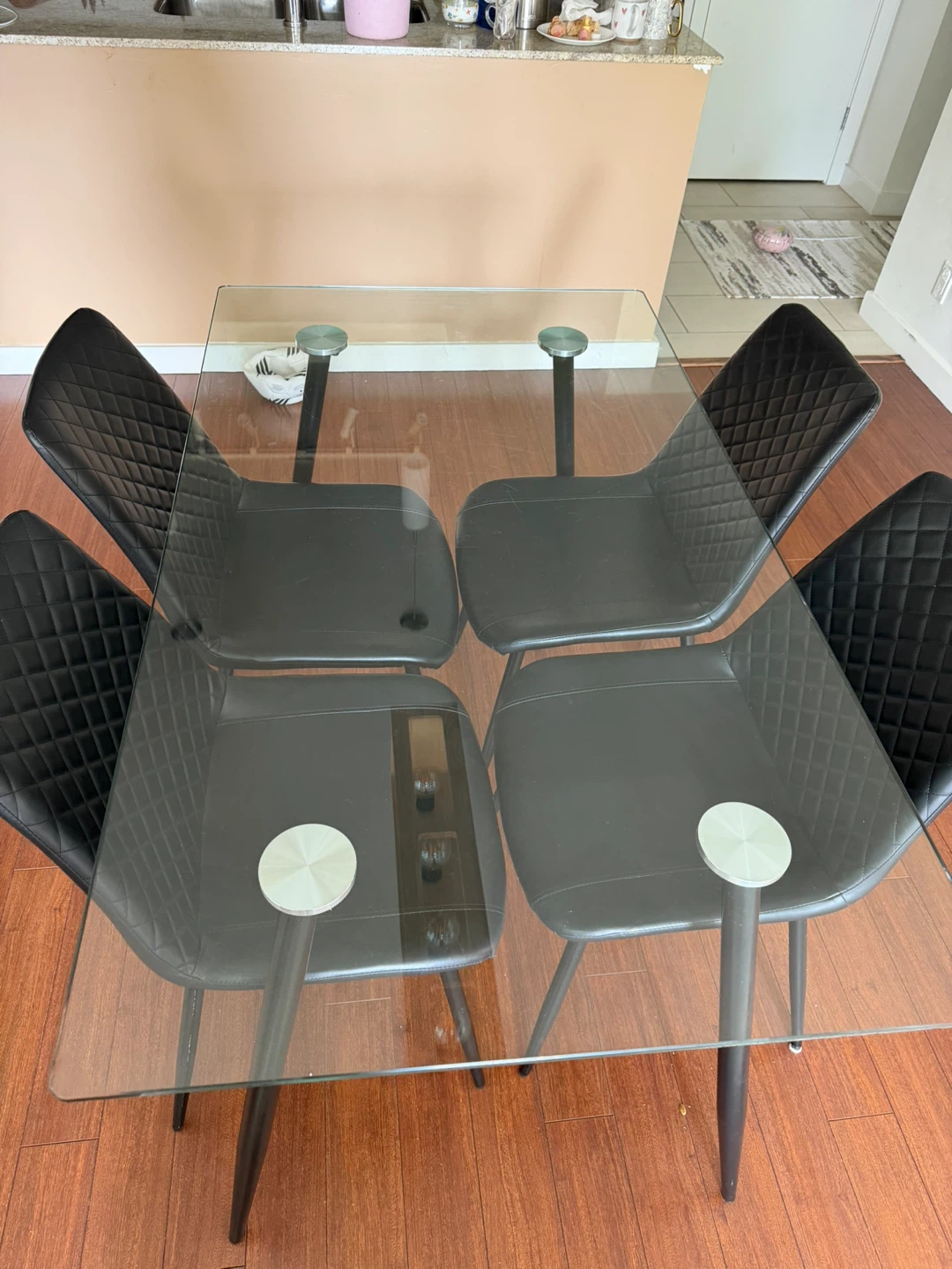 Glass Dining Table with 4 Black Chairs