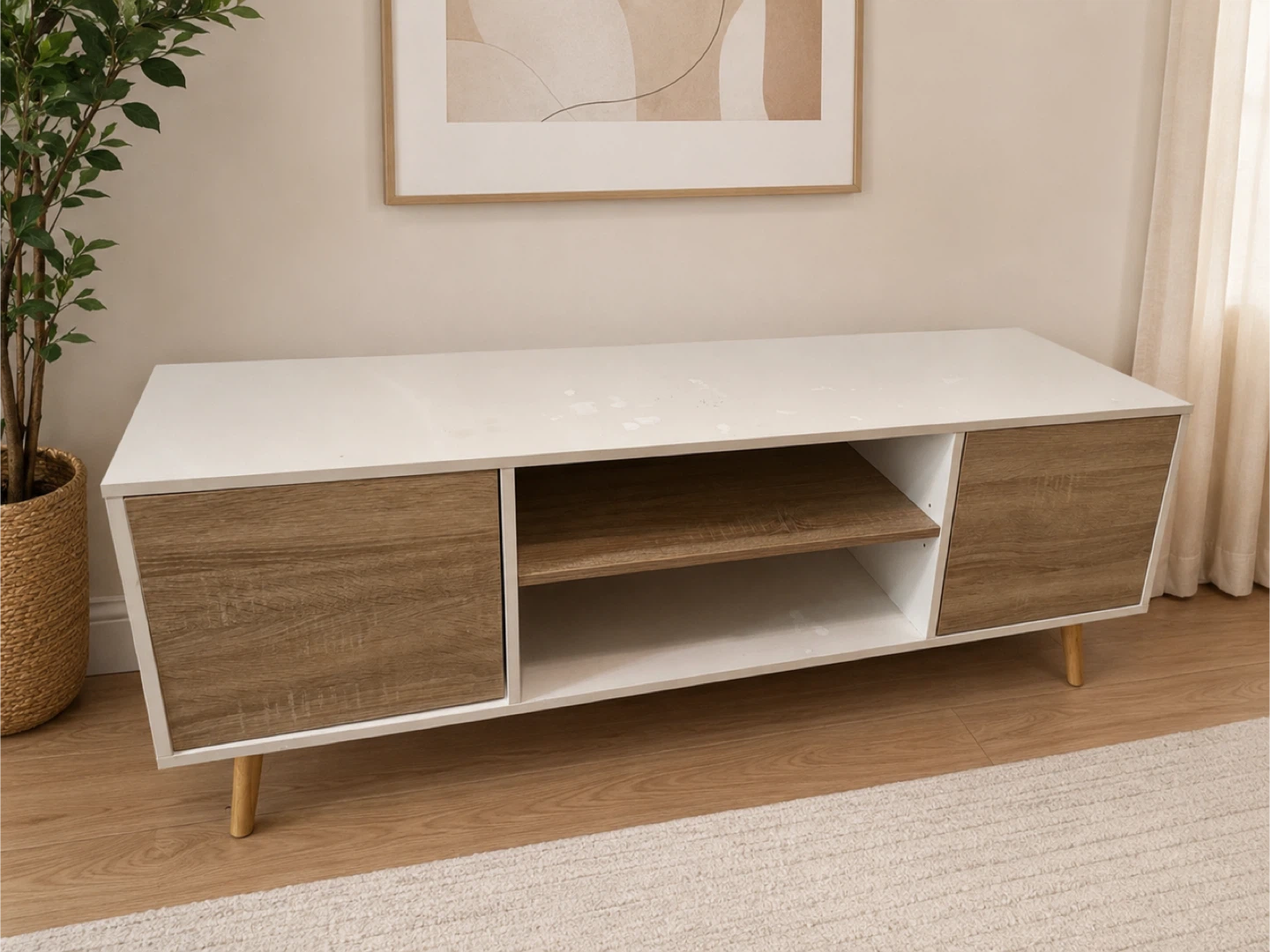 White TV Stand with Wood Accents