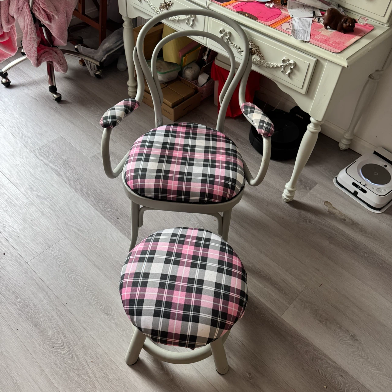 Pink Plaid Accent Chair and Ottoman Set