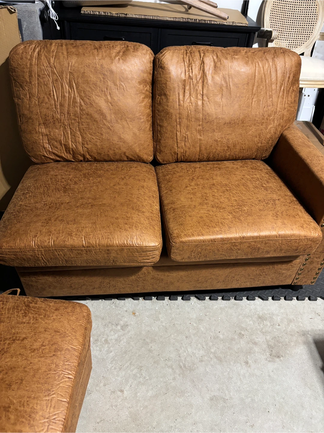 Brown Faux Leather Loveseat with Storage Ottoman
