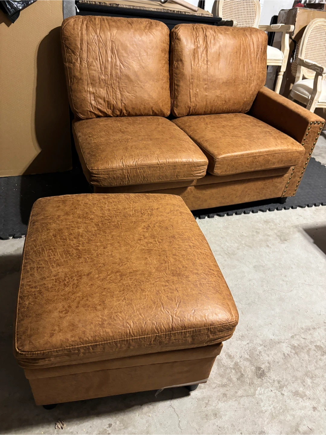 Brown Faux Leather Loveseat with Storage Ottoman - photo 2