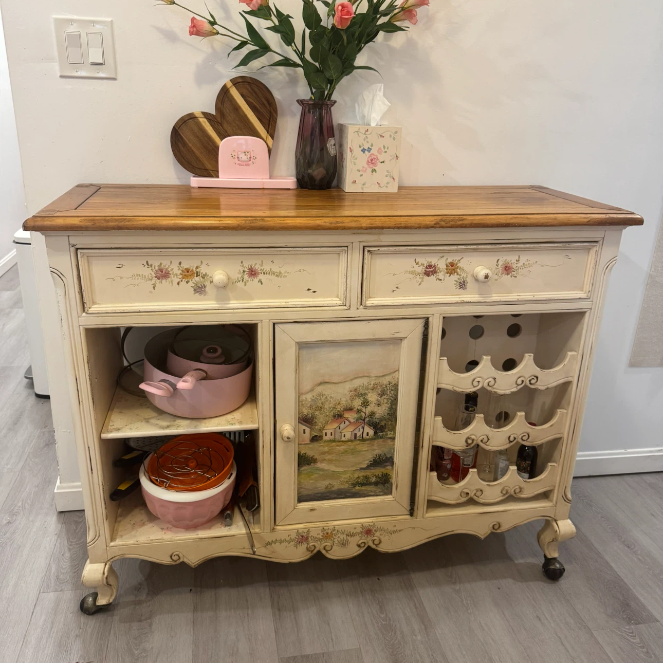 Vintage wood floral coquette kitchen island side table bar cart