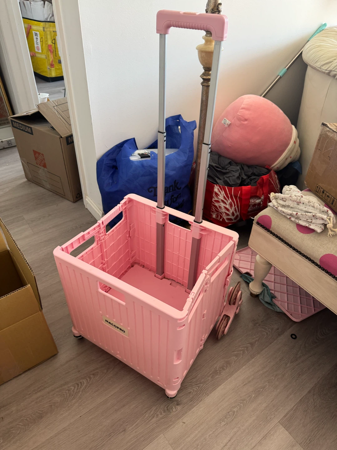 Pink Rolling Utility Cart stair climbing grocery wagon 4 wheels