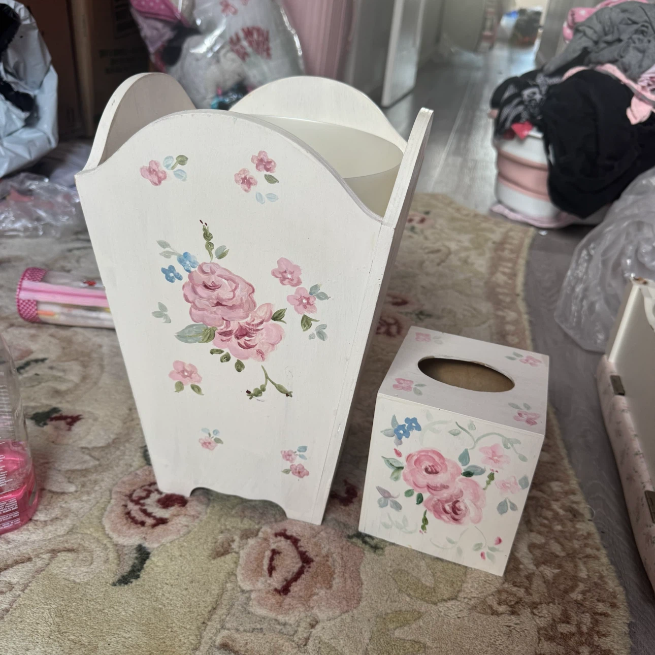 Wooden vintage coquette trash can bin & tissue box holder/cover