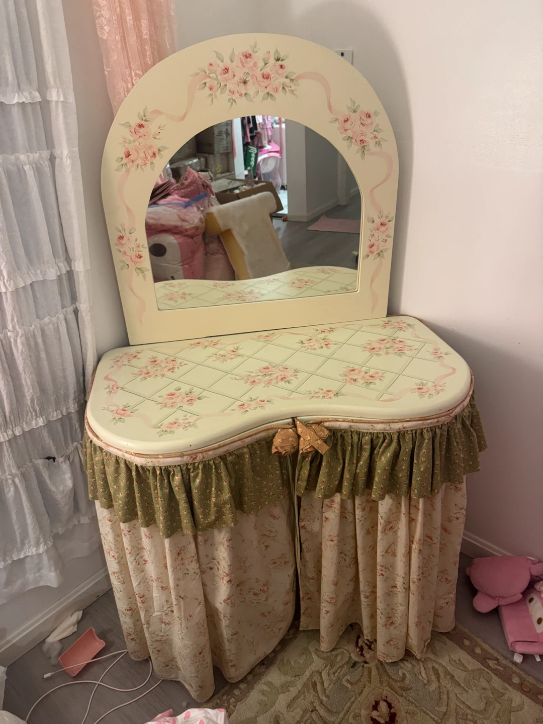 Pink Floral Coquette Vanity Table with Mirror & Skirt
