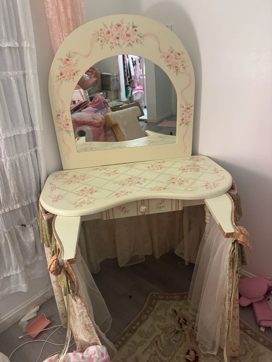 Pink Floral Coquette Vanity Table with Mirror & Skirt - photo 2