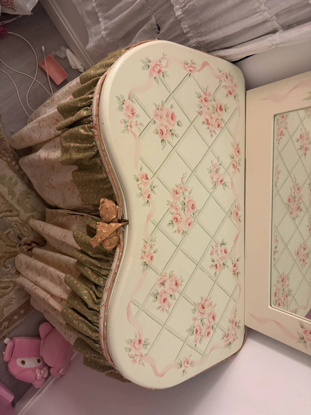 Pink Floral Coquette Vanity Table with Mirror & Skirt - photo 3