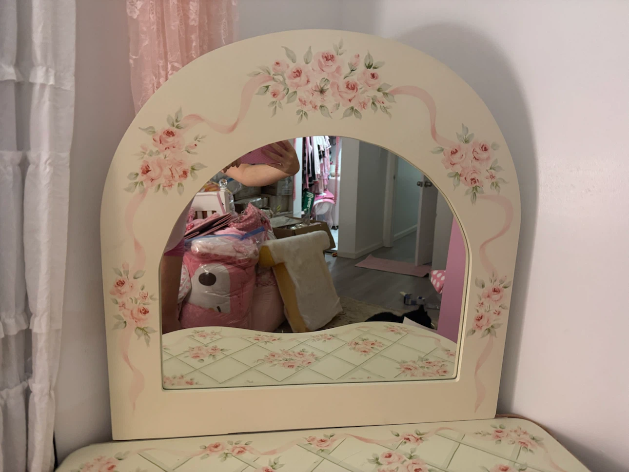 Pink Floral Coquette Vanity Table with Mirror & Skirt - photo 4